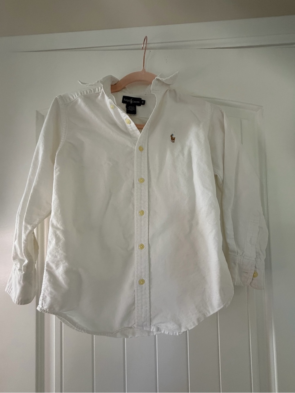 Ralph Lauren Boys 8 White 100% Cotton Button Down Shirt Polo Pony